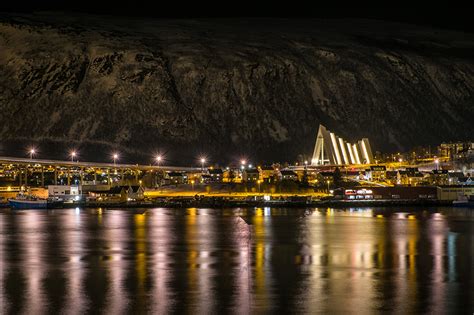 Pictures Norway Tromso bridge Night Rivers Street lights Cities