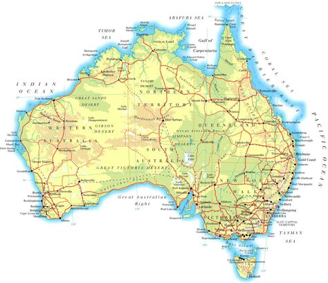 Large physical map of Australia with roads and cities | Vidiani.com | Maps of all countries in ...