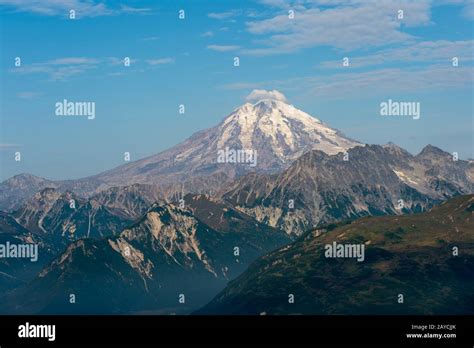 Aerial view of Redoubt Volcano (Mount Redoubt) in the Chigmit Mountains ...