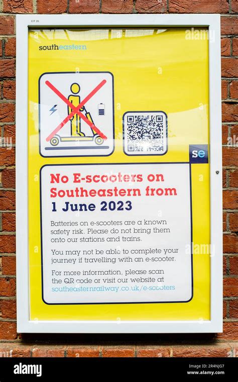 Sign at railway station in Kent announcing a ban on E-scooters from all London & South Eastern ...