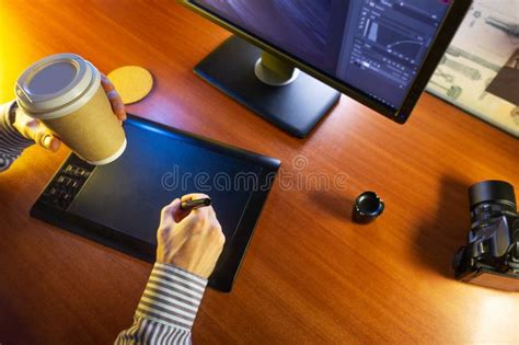 Desktop with Computer, Graphics Tablet and a Cup of Coffee Stock Photo ...