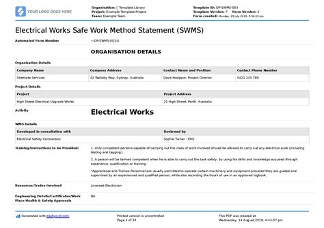 Safe Work Method Statement Template - Printable Form, Templates and Letter