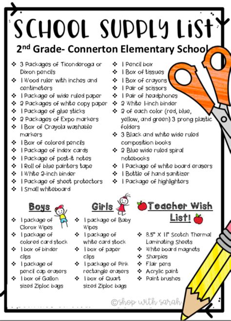 Second Grade Supply List | Connerton Elementary School