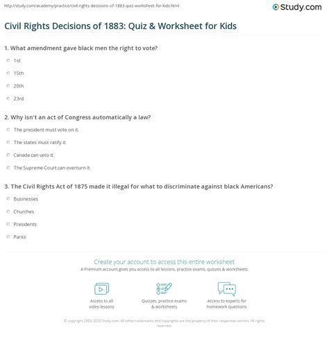 Civil Rights Decisions of 1883: Quiz & Worksheet for Kids | Study.com