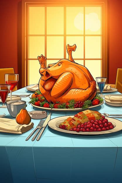 Premium AI Image | funny cartoon turkey thanksgiving dinner