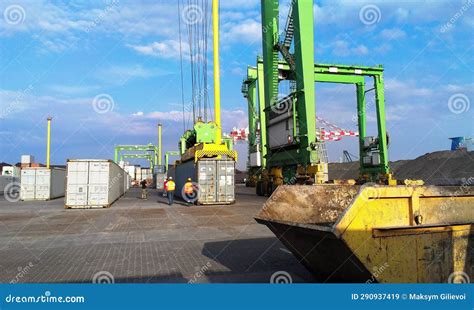 Container Terminal. Sea Port Container Terminal during Work at Night in ...