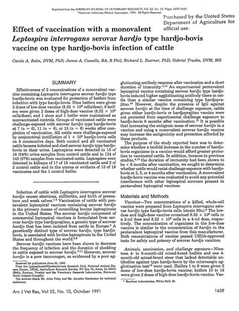 (PDF) Effect of vaccination with a monovalent Leptospira interrogans serovar hardjo type hardjo ...