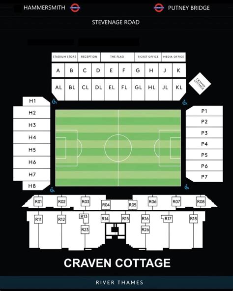 Craven Cottage Seating Chart with Rows and Seat Numbers 2024