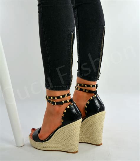 New Womens Ladies High Wedge Heel Espadrille Sandals Studded Platforms Shoes | eBay