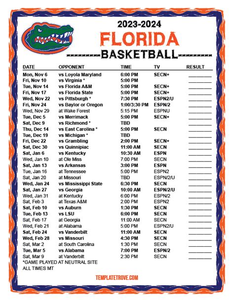 Printable 2023-2024 Florida Gators Basketball Schedule