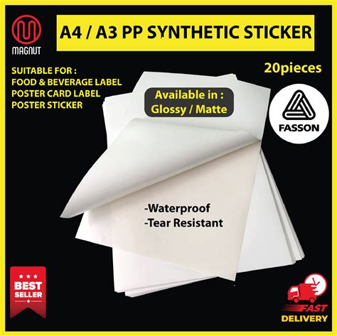 A4 / A3 20pieces - FASSON PP Synthetic Sticker (Matte / Glossy) / Food Product Labeling Sticker ...