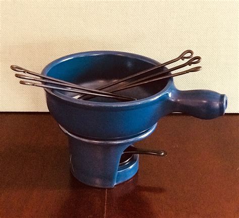 Vintage Fondue Pot, Emile Henry French Fondue pot, Blue Ceramic Fondue pot, Vintage Fondue set ...