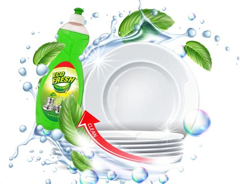 Dish Cleaner Label Design with Green Leaves and Detergent Bottle