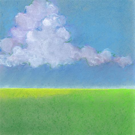 Simple pastel landscape with horizon, clouds and grass Drawing by Elena Sysoeva