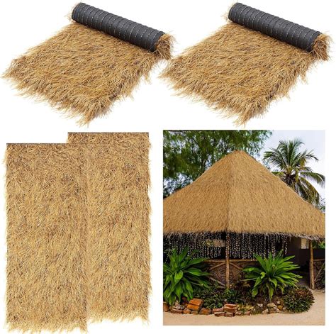 Windyun 2 Pcs Artificial Tiki Hut Grass Roof 19.7 Inch x 4 Feet Mexican Style Straw Roof Yellow ...