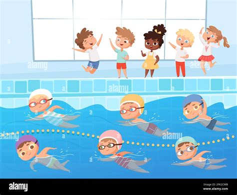 Swimming competition. Kids water sport swimming race in pool vector cartoon background Stock ...