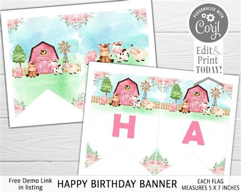 Farm Animals Birthday Banner Pink Editable Barnyard Happy - Etsy