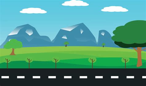 Vector nature landscape background. Cute simple cartoon style. road and hill, colorful trees and ...