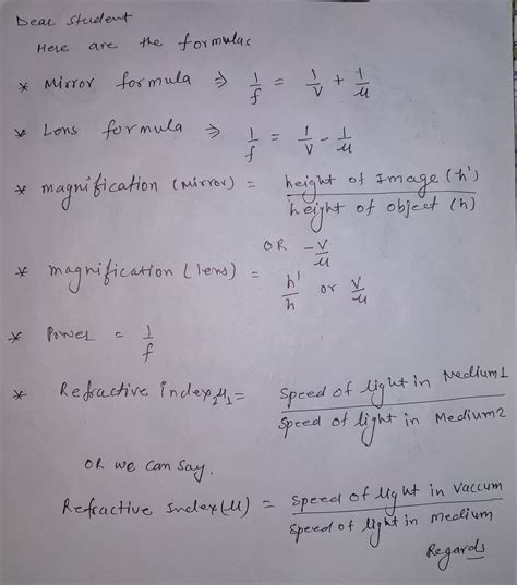 Give all the formulas from light chapter that are used for numericals - Physics - Light ...