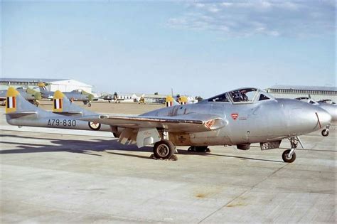 This pic by Bruce Withers shows RAAF Vampire T.35A A79-830 at Williamtown RAAF Base in Jan 1970 ...