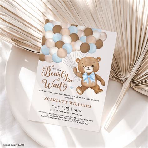 We Can Bearly Wait Baby Shower Invitations, Blue Brown Balloons Teddy Bear Boy Baby Invite ...