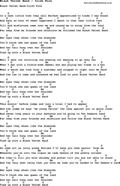 Song Black Velvet Band by Irish Folk, song lyric for vocal performance ...