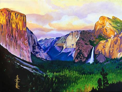 "Yosemite National Park at Sunset, Colorful Oil and Acrylic Painting ...