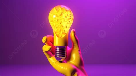 Cartoon Hand Holding 3d Yellow Light Bulb On A Purple Background ...