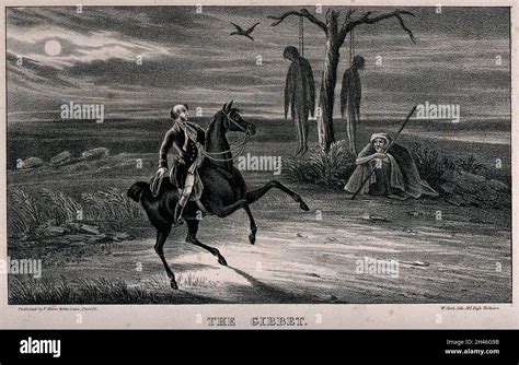 The highwayman Dick Turpin, on horseback, arrives at a tree from which ...