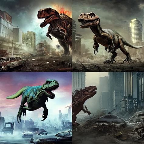 T-Rex running through postapocalyptic city | Stable Diffusion | OpenArt