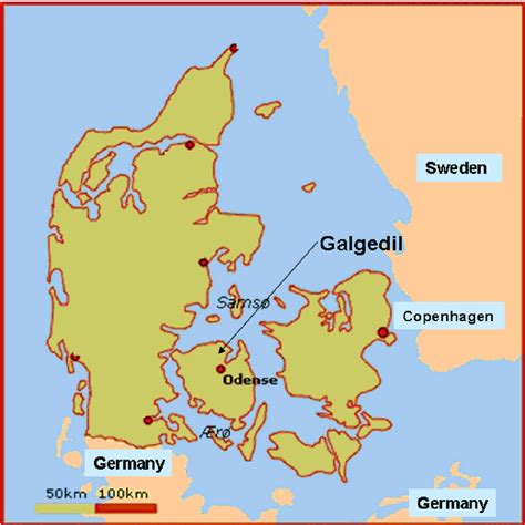 Map of Denmark. The arrow indicates the location of Galgedil in the... | Download Scientific Diagram