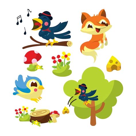 Premium Vector | The crow and the fox story book illustration