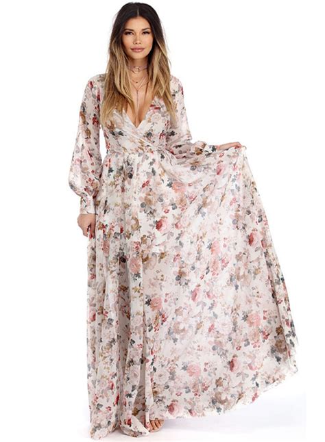 Women's Boho V Neck Long Sleeve High Waist Maxi Floral Dress - STYLESIMO.com