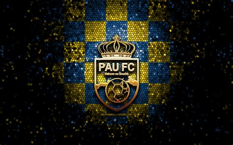 Download wallpapers Pau FC, glitter logo, Ligue 2, blue yellow checkered background, soccer ...