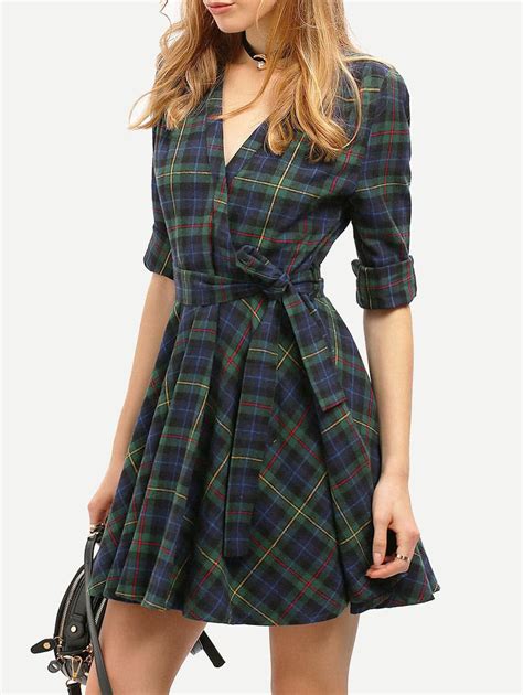 Dark Green Long Sleeve Plaid Dress -SheIn(Sheinside)