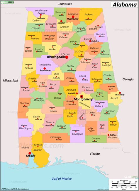 Buy Digital Map of Counties and County Seats of Alabama