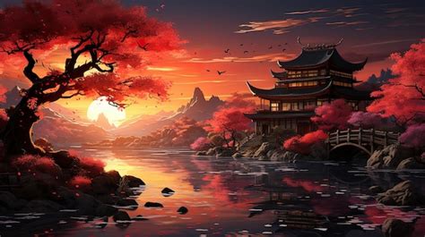 Premium AI Image | A painting of a sunset with a pagoda in the ...