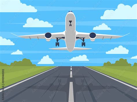 Airplane runway. Landing or taking off plane, passenger airplane in ...