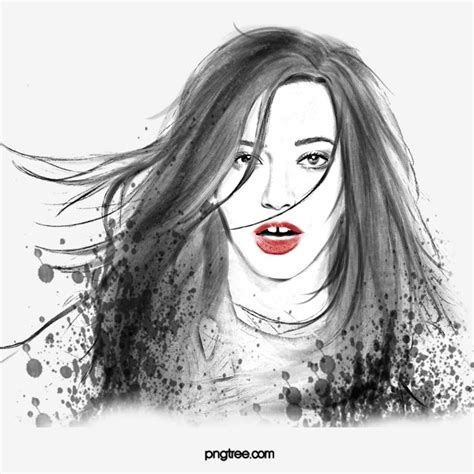 a woman's face with long hair and red lipstick, painted in black and white