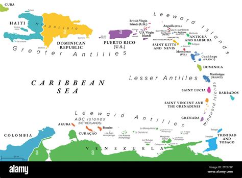 Lesser Antilles of the Caribbean, multicolored political map. Group of ...