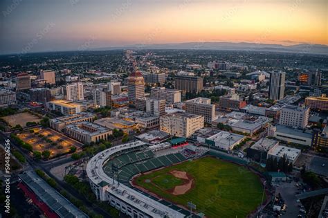 Aerial View of the Fresno, California Skyline at Dusk Stock Photo ...