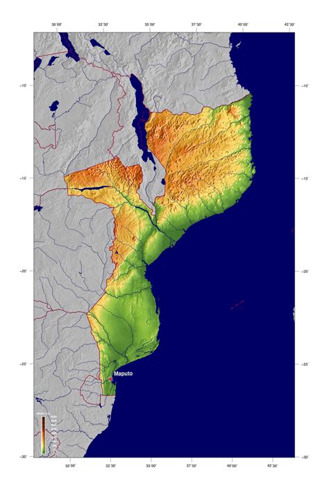 Detailed elevation map of Mozambique | Mozambique | Africa | Mapsland | Maps of the World