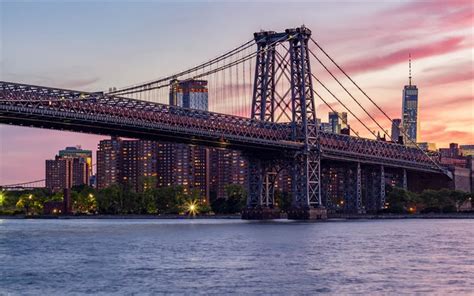 Download wallpapers 4k, Manhattan Bridge, sunset, panorama, american ...