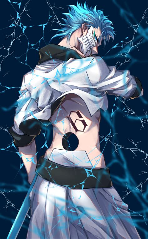 Safebooru - 1boy back tattoo bleach blue background blue eyes blue hair clenched teeth cropped ...