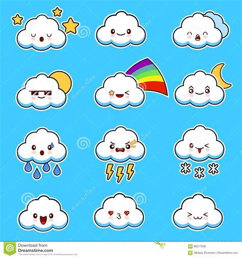 Emoji Clouds Vector. Cute Smily Clouds With Faces Vector Set. Cartoon Funny Emoticon. Stock ...