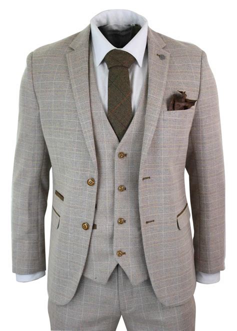 Paul Andrew Holland - Mens Check Tweed Beige Brown 3 Piece Suit Wedding Prom Vintage Retro ...