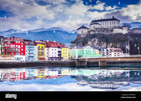 Austria, Kufstein Old Town with medieval fortress on a rock over the Inn river, Alps Mountains ...