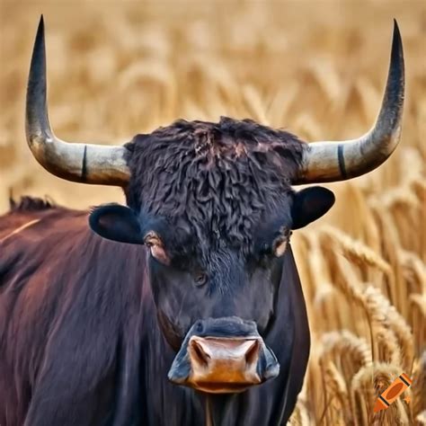 Black bull with large horns in wheat fields on Craiyon