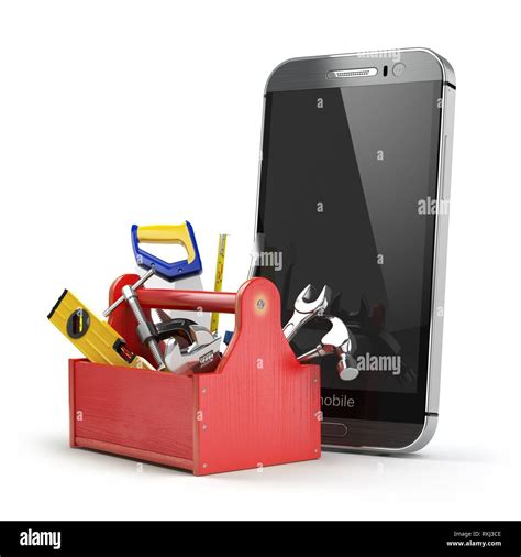 Mobile phone service concept. Online support. Smartphone with toolbox and tools on white ...