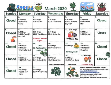 Senior Center Calendar for March 2020